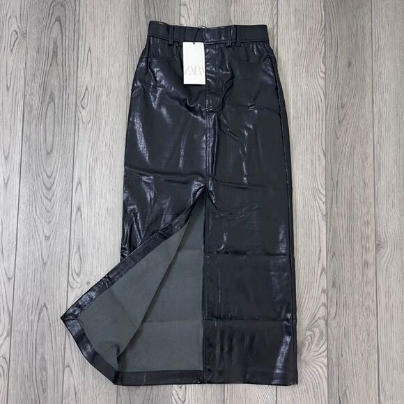 Zara Women Size XS Black Faux Leather Croc Embossed Slit Pencil Midi NEW Skirt - Picture 5 of 12